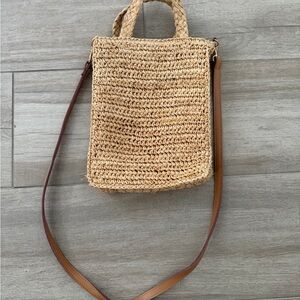 Faherty Handwoven Straw Crossbody with Brown Leather Strap